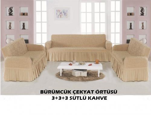 BÜRÜMCÜK KOLTUK ÖRTÜSÜ - 3 ADET ÜÇLÜ ÇEKYAT İÇİN - SÜTLÜKAHVE